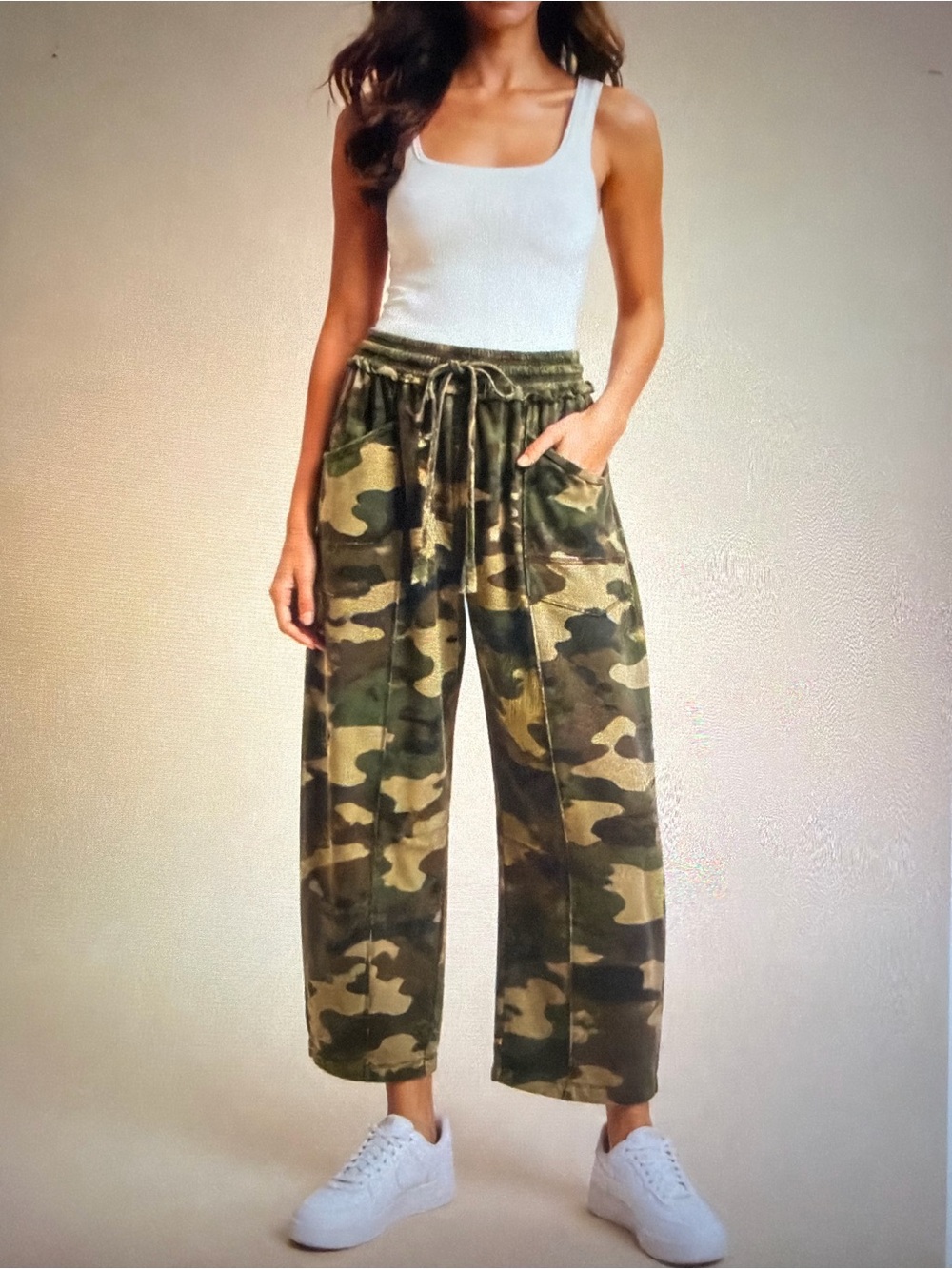 Anniewear Camo Wide-Leg Drawstring Pants - Olive Camo